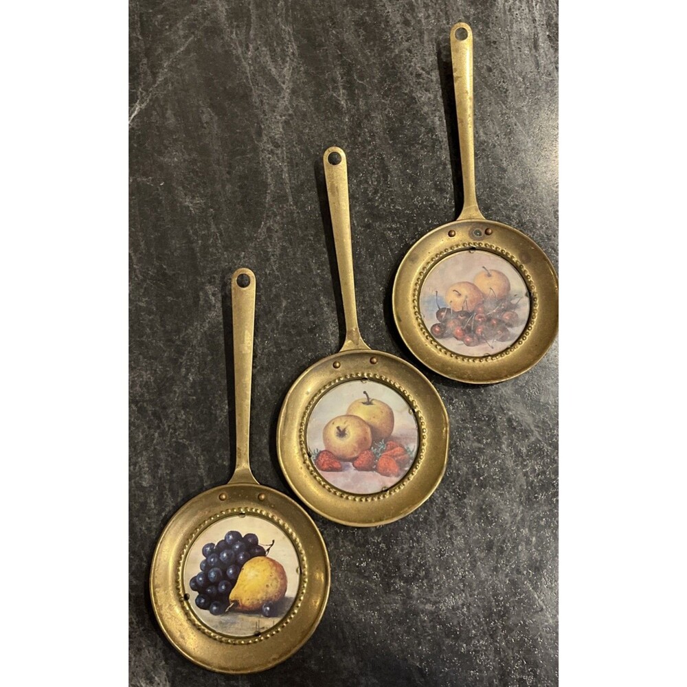 Set Of 3 Vintage Peerage Brass Wall Hanging Plaque Plate Fruits Made in England